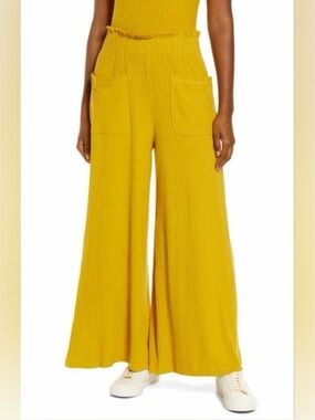 Free People Movement Blissed Out Wide-Leg Ribbed Pants In Sunburst Yellow Large